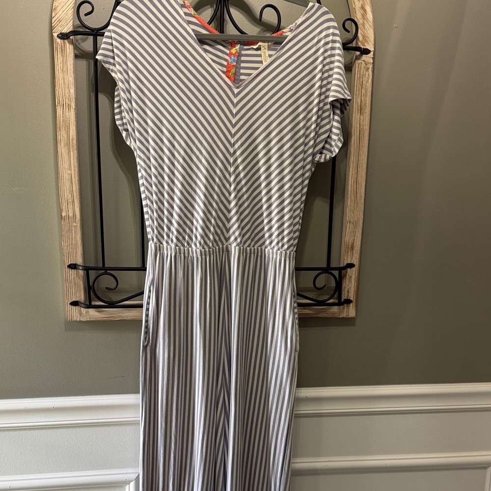 Matilda Jane Gray and White Striped V-Neck jumpsuit Small
